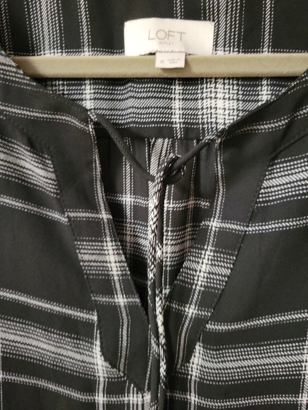 LOFT Black & White Plaid Split-Neck Blouse